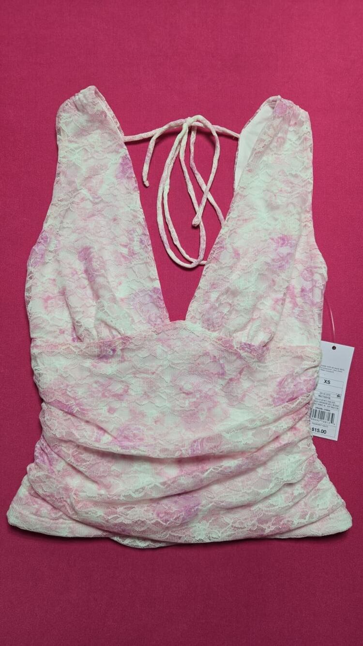 Wild Fable Women’s Pink Lace Halter Top Size XS Ruched Floral Style Brand New